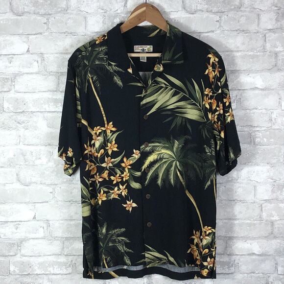 Caribbean Joe Black Rayon/Polyester Loop Button Palm Flower Hawaiian Shirt L - Picture 1 of 8